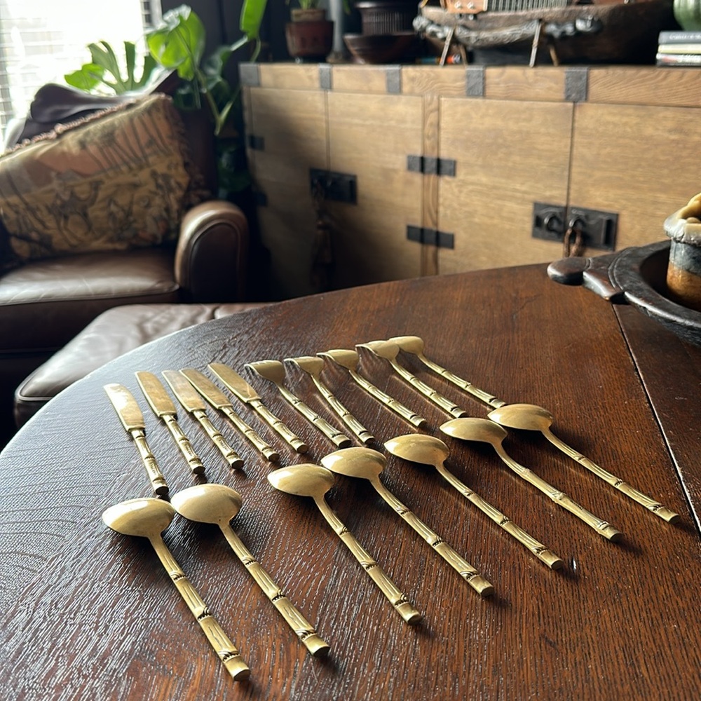 🇹🇭 17 pieces of flatware I bought in Thailand. Nickel Bronze. Brass color bamboo - Picture 9 of 11